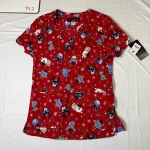 Koi Basics Leslie Christmas Llama Scrub Top Red V-Neck XXS 384PR-CHL New